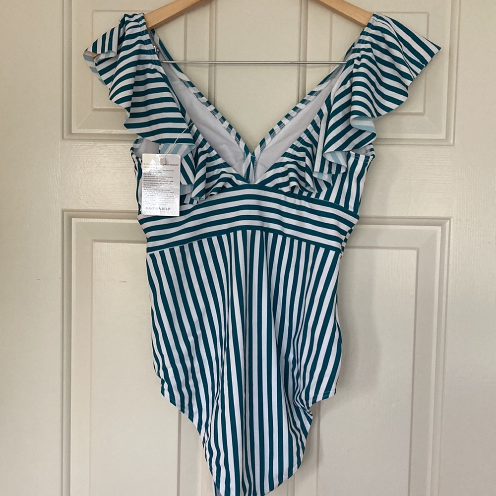 NWT New Cocoship one piece Swimsuit Sz 6 Ruffles Green White Bathing Suit Womens - Picture 4 of 10
